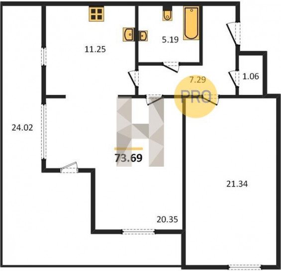 Двухкомнатная квартира 73.69 м²