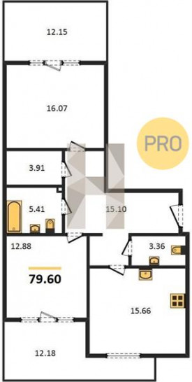 Двухкомнатная квартира 79.6 м²